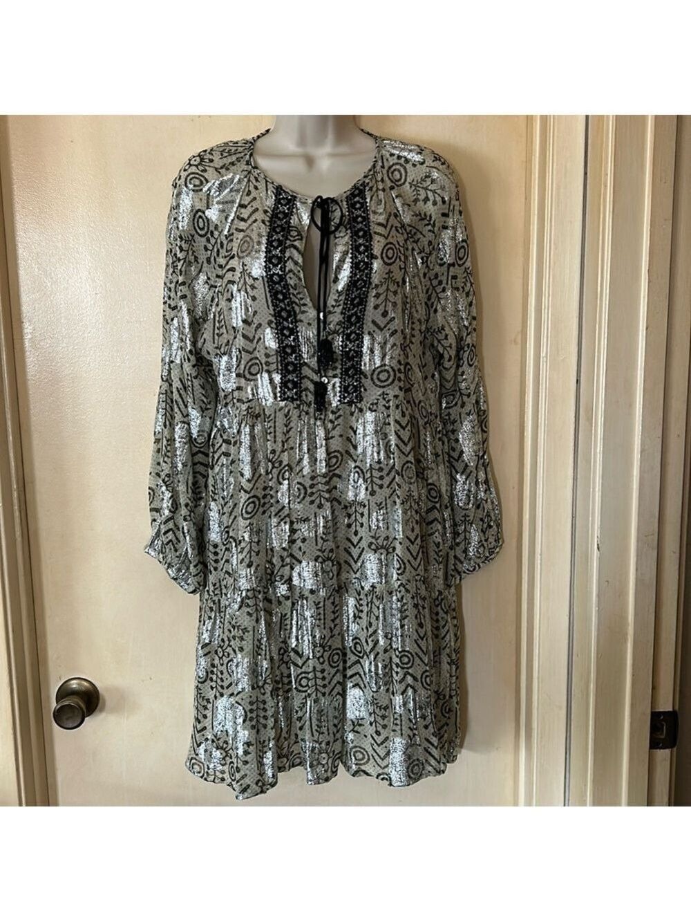 Zara green and black metallic loose fit boho mini dress size S NWT